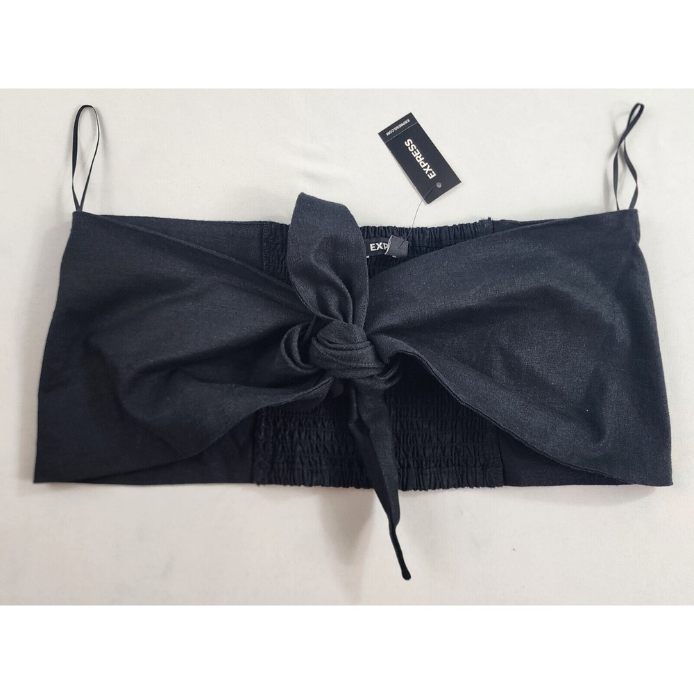 Express Black Linen Blend Front Tie Knot Smocked Tube Top Blouse Large 31681339